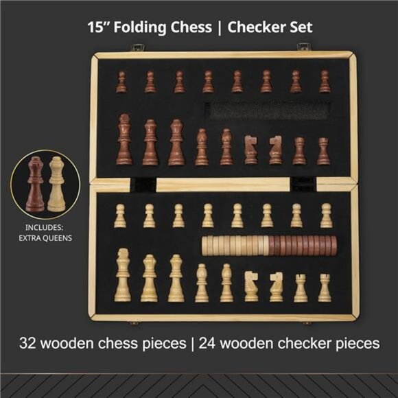 Wooden Chess Set- Chess Board with 2 Extra Queens - Picture 3 of 7